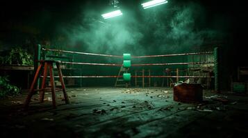 empty boxing ring captures aftermath of recent match. ropes sag slightly and fallen stool lies in corner. Dim fluorescent lights flicker overhead enhancing gritty mood photo