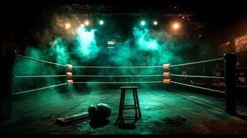 empty boxing ring stands illuminated dim fluorescent lights while fallen stool lies in one corner. atmosphere feels gritty and tense suggesting recent fight has taken place photo