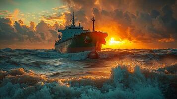solitary tanker battles rolling waves while dramatic storm clouds loom overhead showcasing striking contrast faint sunlight breaking through gloom photo