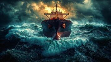 solitary tanker sails on turbulent waters surrounded towering storm clouds. Faint rays of sunlight break through gloom creating contrast between tranquility and foreboding photo
