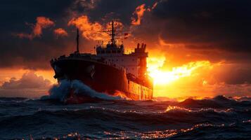 solitary tanker is seen on horizon amid towering storm clouds and churning waves distant sunlight illuminating scene. atmosphere is both tranquil and ominous photo