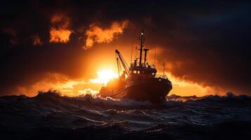 lonely tanker is visible on horizon dwarfed massive storm clouds and rolling waves faint sunlight breaking through gloom creating tranquil yet foreboding atmosphere photo
