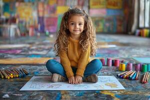 South Asian child sits cross legged on classroom floor happily creating art crayons on large sheet of paper surrounded vibrant supplies and inspiring backdrop photo