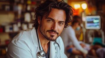 In hospital Jesus Christ dressed in white coat over his robe listens patient's heartbeat using stethoscope while supportive staff assist in background photo