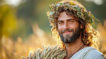 In golden wheat field Jesus Christ stands warm smile holding bundle of freshly harvested grain. sunlight creates atmosphere of gratitude and abundance photo