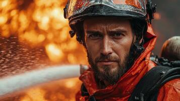firefighter wearing protective gear resembling Jesus Christ actively fights fire spraying water on blazing building. His composed demeanor stands out amid chaos of flames and smoke photo