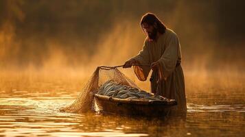 In peaceful early morning Jesus Christ stands in small boat pulling net filled fish from serene lake. gentle light reflects beautifully on water photo