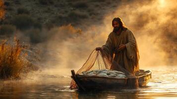Jesus Christ is standing on small boat in peaceful water dawn pulling in net filled fish. soft light creates serene and reflective atmosphere around him photo