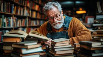 In cozy library Jesus Christ organizes books on shelves wearing glasses and warm smile. He is surrounded stacks of literature and inviting reading spaces creating peaceful atmosphere photo