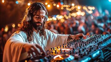 Amidst colorful lights and joyful crowd modern DJ embodying Jesus Christ mixes music professional console bringing serenity and happiness atmosphere photo