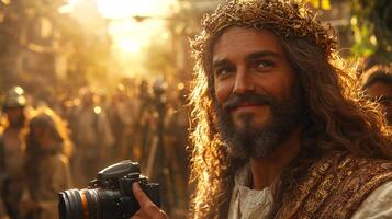 In serene outdoor setting Jesus Christ skillfully uses camera capture stunning sunset. He is accompanied tripods and lenses immersed in creative photography amidst nature photo