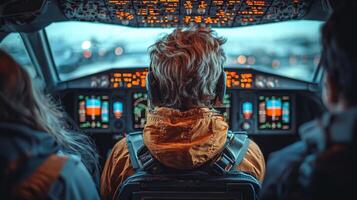 In modern airplane cockpit Jesus Christ confidently pilots aircraft while steering through clear blue sky bringing peace passengers behind him photo