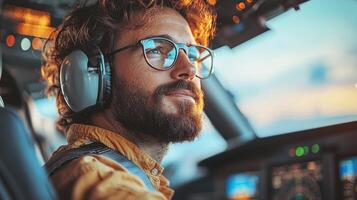Jesus Christ pilots modern airplane serene expression while navigating through clear blue sky instilling confidence in passengers behind him photo