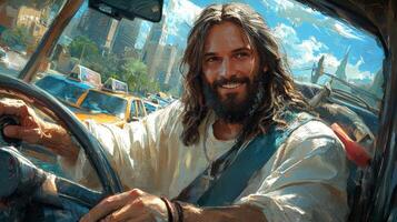 warm and friendly driver greets his passenger from behind wheel of yellow taxi. vibrant city skyline can be seen through cab windows creating inviting atmosphere photo