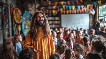In vibrant classroom Jesus Christ stands whiteboard smiling as he explains lesson engaged children surrounded colorful decorations and books photo