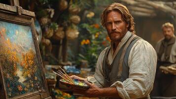 In bright studio Jesus Christ expresses his artistic talent painting vibrant landscape on canvas. Surrounded brushes and colorful palettes he showcases his creativity photo