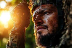 Native American rock climber prosthetic arm is seen gripping rugged rock face during sunset. warm glow highlights climber's focus and resolve against dramatic backdrop photo