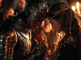 robot in classic tuxedo kneels before medieval princess offering rose amidst curious noblemen and women. Dramatic torchlight highlights action photo