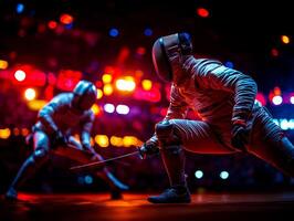 skilled fencer leg prosthetic lunges their opponent in brightly lit arena. atmosphere is intense as both athletes engage in crucial moment of match photo