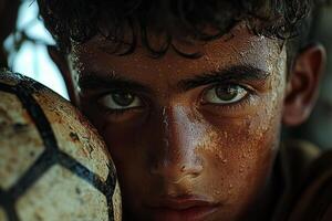 Middle Eastern boy holds soccer ball while gazing confidently camera. Evening light enhances his features creating striking visual against goalpost backdrop photo
