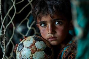 Middle Eastern boy stands soccer ball tucked his arm gazing confidently camera while goalpost is visible behind him in warm evening light photo