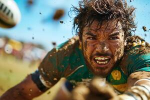 determined Hispanic rugby player prosthetic arm tackles opponent in mid action on grassy field dirt flying around showcasing intensity and athleticism photo