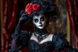robot dressed in sophisticated tuxedo gracefully spins noblewoman during waltz ornate velvet curtains and medieval tapestries in background creating enchanting atmosphere photo