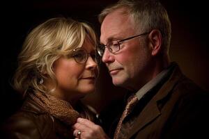 In warmly lit room middle aged transgender couple shares loving moment as one partner adjusts tie of other. Their gaze reflects intimacy and affection photo