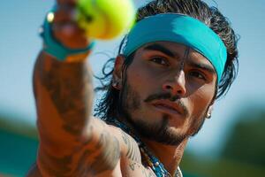 Native American tennis player prosthetic arm is captured mid motion while serving ball on clay court showcasing skill and determination in competitive setting photo