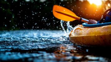 skilled African American kayaker prosthetic leg maneuvers through challenging whitewater rapids. Sunlight reflects off water enhancing action and energy of moment photo
