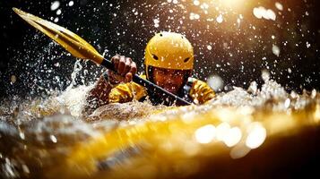 African American kayaker skillfully maneuvers through turbulent whitewater rapids showcasing determination and agility photo
