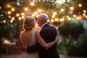 elderly couple sways gracefully in their backyard surrounded warm string lights creating magical and intimate atmosphere during peaceful evening photo