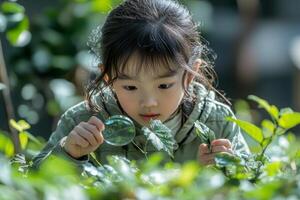 In vibrant park filled green foliage Asian child intently studies leaf through magnifying glass showcasing moment of curiosity bright midday sunlight photo