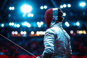 Facing her opponent fencer embodies strength and skill arena's bright lights. sleek leg prosthetic she demonstrates determination and focus in duel photo