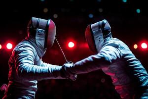 In bright arena Middle Eastern fencer skillfully engages her opponent in fierce duel. Her powerful stance and sleek leg prosthetic highlight her agility and determination photo