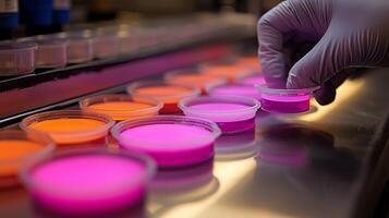Petri dishes filled vibrant glowing stem cell cultures are arranged neatly futuristic light setup. gloved hand carefully holds one dish showcasing advanced scientific research photo