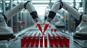 Robotic arms expertly handle blood samples in high tech lab transferring test tubes into analytical devices demonstrating advanced AI technology in healthcare photo