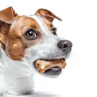 Parson Russell Terrier is happily chewing on bone showcasing its fine features against clean white background. side view captures dog's joyful expression and shiny fur photo