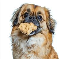 Pekingese dog is seen from side enthusiastically chewing on bone. Its vibrant fur contrasts beautifully clean white backdrop showcasing playful joy photo