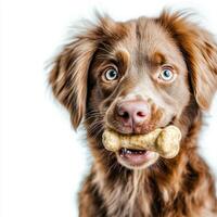 Nova Scotia Duck Tolling Retriever is captured in side view while happily chewing on bone its colorful fur shining against clean white backdrop photo