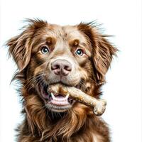 Nova Scotia Duck Tolling Retriever is seen enjoying tasty bone while sitting against crisp white background highlighting its vibrant fur and playful demeanor photo