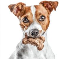 playful Parson Russell Terrier is seen side view happily chewing on bone. dog's glossy coat and bright eyes show its enjoyment in simple moment photo
