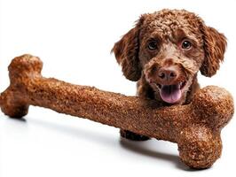 playful Portuguese Water Dog is happily chewing on large bone. clean white background emphasizes dog's happy expression and texture of bone photo