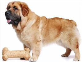 Pyrenean Mastiff is seen from side while chewing on bone. dog has thick golden coat and focused expression making moment lively and engaging photo