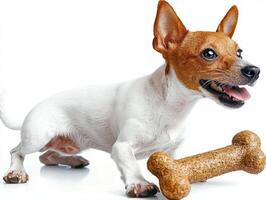 playful Rat Terrier is energetically chewing on bone while posed on pristine white background showing enthusiasm and joy during activity capturing breed's lively spirit photo