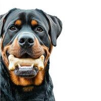 Rottweiler enjoys chewing on bone displaying side view rich details. clean white background accentuates dog's features and activity highlighting its playful nature photo
