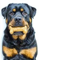 robust Rottweiler is happily chewing on large bone while sitting against clean white backdrop. dog's expressive features showcase its joy during playful activity photo