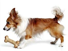 Shetland Sheepdog enjoys chewing on bone showcasing its lively spirit and playful nature photo