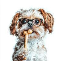Shih Tzu is seen enjoying bone playful expression. dog is presented in side view highlighting its fluffy coat and cheerful demeanor photo