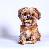 playful Shih Tzu is caught in charming moment while chewing on bone. dog sits on clean white background showcasing its fur and expressions beautifully photo
